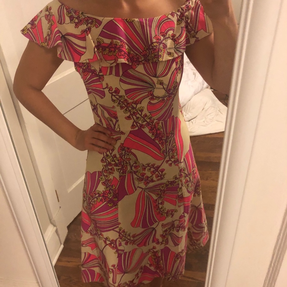 70s inspired off the shoulder mid length dress!